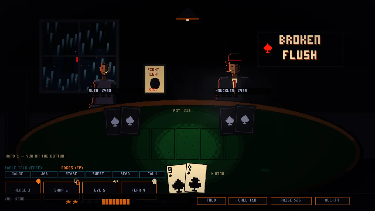 On Tilt: a pixel-art poker table at night, two opponents across the felt, a Broken Flush call on the board