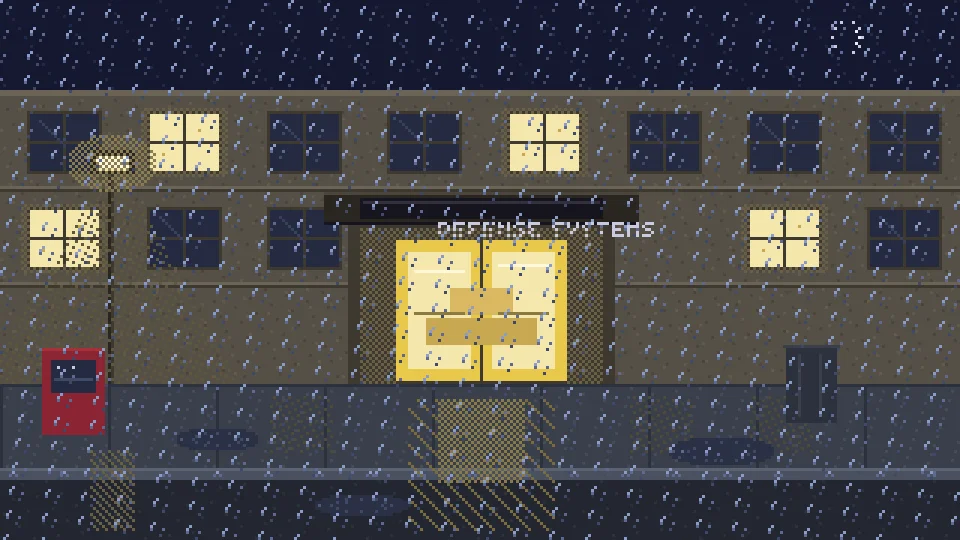 The Internship: a pixel-art defense contractor office at night in the rain